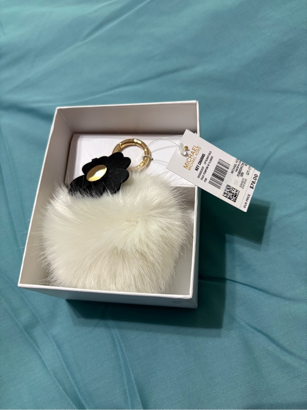 NWT Michael Kors White Fur Pom Pom Key Charm with Gold Hardware